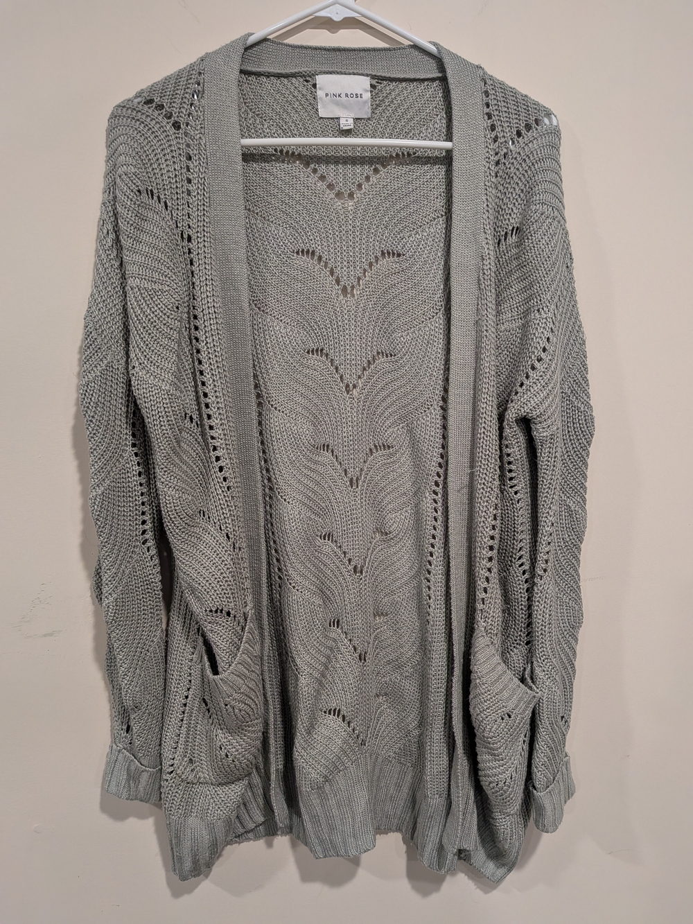 Pink Rose Open-Front Gray Knit Cardigan